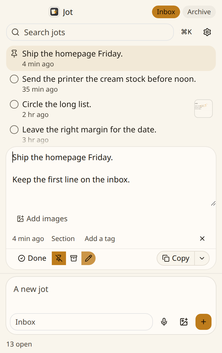 A jot open in the editor. The note says ship the homepage Friday, and the row still shows when it was written.