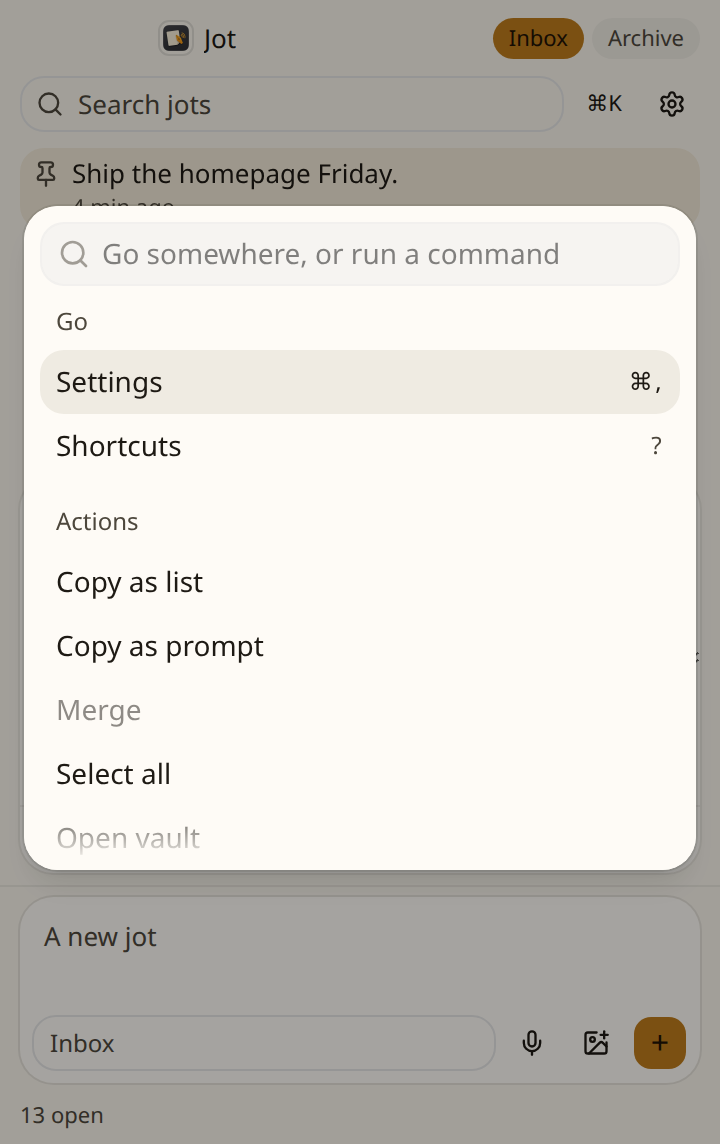 The command palette over the inbox, with a note selected so copy and select all are available.